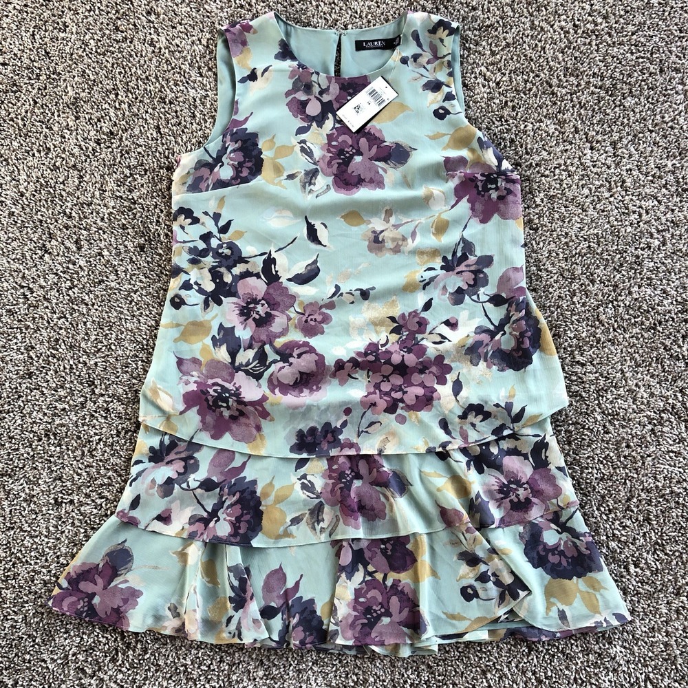 Lauren Ralph Lauren Crinkle Dress Size 14 Floral Georgette Poly Black Label NWT